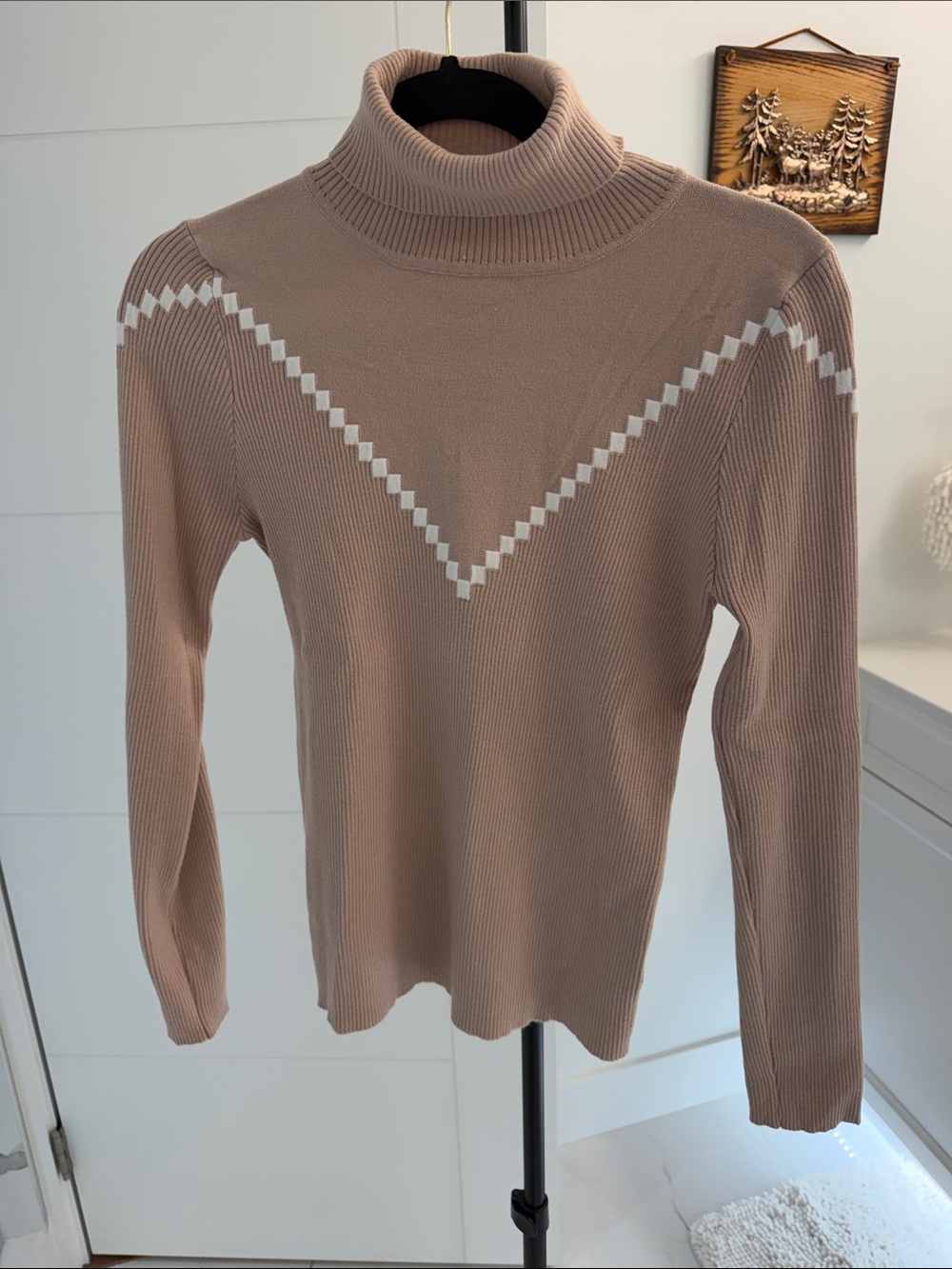 SHEIN Beige Turtleneck Sweater with White Chevron Trim